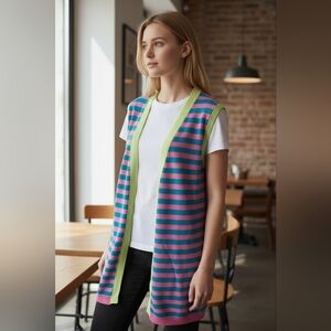 Striped Bold Colors Sleeveless Cardigan Vest Size Small